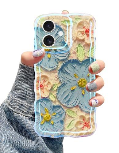 Jusy Compatible with iPhone 12, Colorful Retro Oil Painting Printed Flower Laser Glossy Pattern Cute Curly Wave Phone Case Soft TPU Cover for Girly Women - Blue