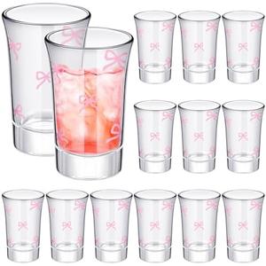 Roshtia 10 Pack Coquette Pink Bow Shot Glass Gift 1.6 oz Clear Round Glass Shot Cups Small Stemless Cocktail Wineglass Pink Bow Birthday Party Favors for Drinking Gift Party Decor