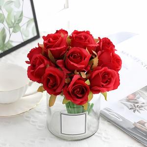 Artificial Flowers 12pcs Silk Realistic Roses DIY Bouquet for Home Parties Table Centerpieces Bridal Wedding Decoration Without Vase (Spring Red)