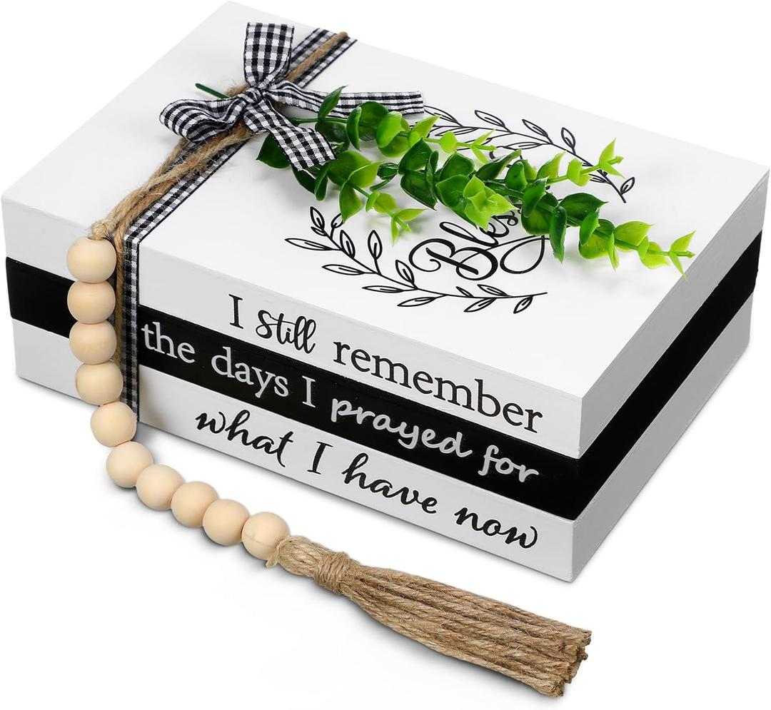 Capoda 3 Pcs Decorative Books for Home Decor Farmhouse Faux Stacked Books Wooden Rustic Table Decor with Bead Garland Twine Ribbon Faux Leaf for Table(Remember)