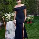 LAGSHIAN Women's Elegant Bodycon Off Shoulder Ruched Split Hem Long Formal Basic Evening Dress (Black, XL)