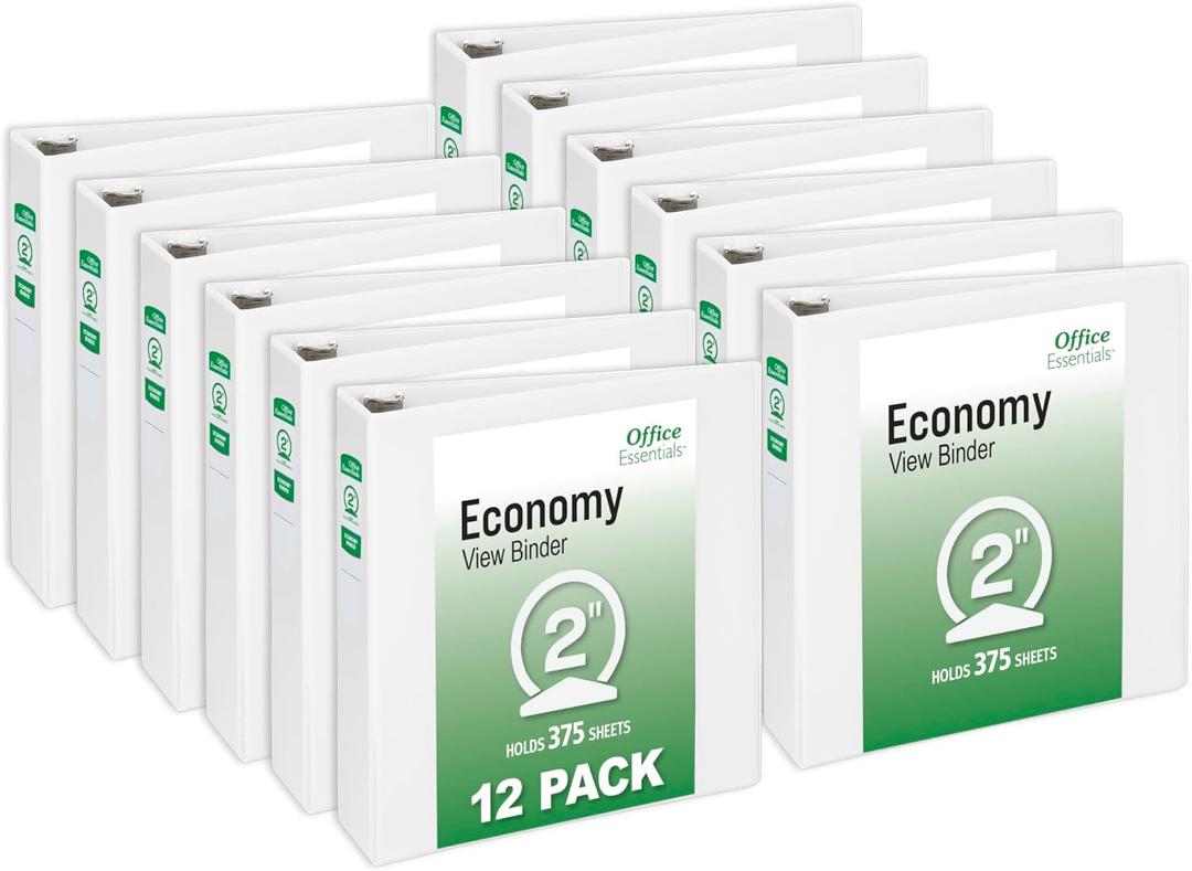 Office Essentials Economy View 3 Ring Binders, 2" Round Rings, 2.8" Spine, 375-Sheet Capacity, White Binders (12-Pack of 03428)