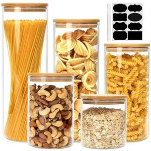 Airtight Glass Jars with Bamboo Lids, Glass Food Storage Containers Set - Set of 4 Kitchen Canisters for Sugar, Candy, Cookie, Rice and Spice Jars