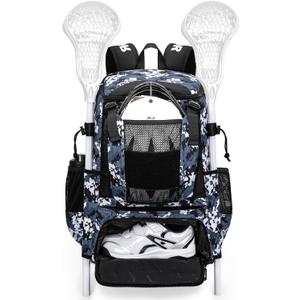 Lacrosse Bag 65L, Extra Large Lacrosse Gear Backpack with Multi-Pocket Design, Helmet Holder & Ventilated Shoe Compartment (Camo Blue)