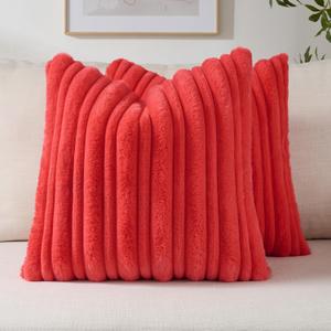 FUTEI Christmas Red Decorative Throw Pillow Covers 18x18 Inch Set of 2,Soft Fluffy Faux Rabbit Fur Thick & Thin Striped Textured Cushion Case,Modern Home Decor for Couch Bed Living Room