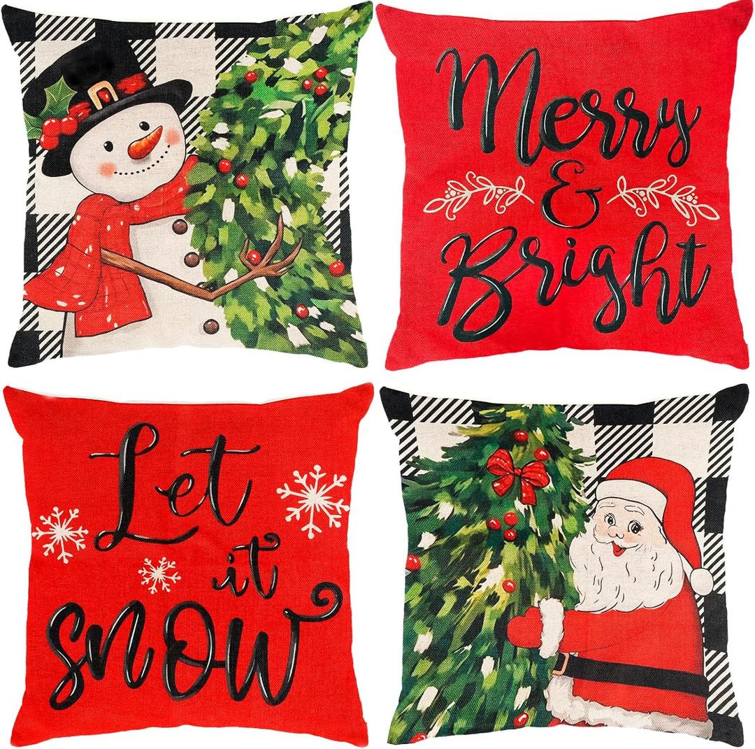 Christmas Pillow Covers 18x18 inch Set of 4, Christmas Decorations Snowman Santa Elk Sleigh Truck Plaid Winter Holiday Decor, Merry Christmas Throw Cushion Cases for Sofa Couch Living Room Home Decor (Red Black)