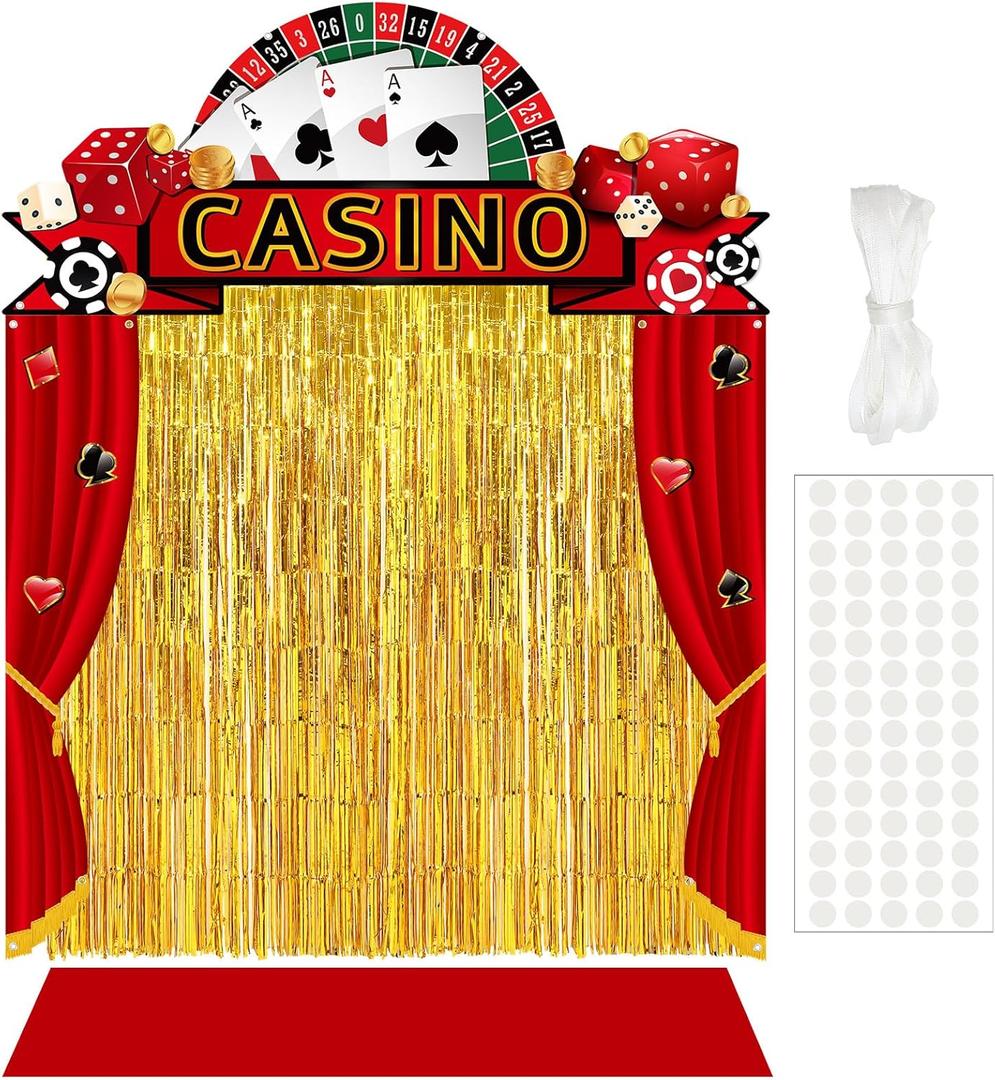 VitalCozy 7pcs Casino Party Decorations Casino Night Party Porch Banners Red Rug Gold Foil Fringe Backdrop Curtains for Las Vegas Poker Dice Birthday Halloween Photo Background Door Entryway Decor