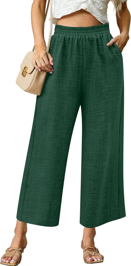 Womens Wide Leg Capri Pants Summer Palazzo Dressy Casual Pant Beach Loose High Waist Lounge Flowy Trouser with Pockets (Green, L)