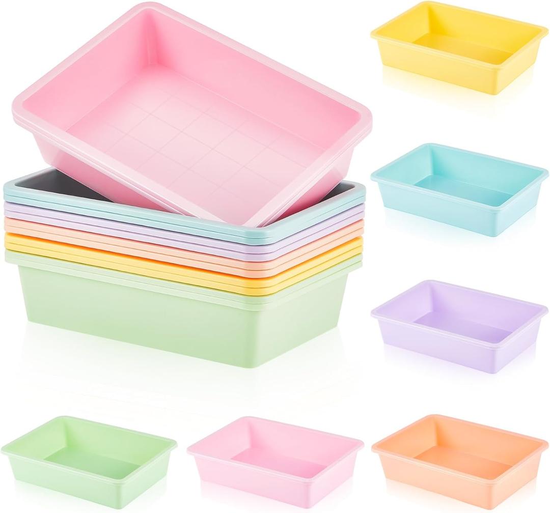 Taiyin 12 Pcs Plastic Flat Storage Tray Classroom Paper Bins Containers School Office Letter Basket Art Book Organization File Holder(Pastel Color)