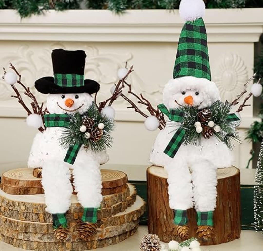 Lulu Home Christmas Snowman Decorations, Set of 2 Plush Shelf Sitters with Dangling Legs, Black & Green Checked Snowman Ornaments for Table Mantel Desk Fireplace Home Holiday Decor
