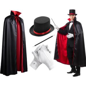4 Pcs Red Black Magician Set Wizard Ribbon Hat Cape Gloves Wand Unisex Gothic Costume for Halloween Cosplay Stage