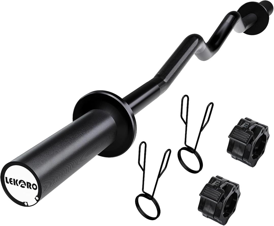 Olympic EZ Curl Barbell Bar, 48-inch Curling Bar, Fits 2-inch Weight Plates, Strength Training Bar for Squats, Hip Thrusts, Bench Press, and Weightlifting, with 2 Spring Collars (350LBS Weight Capacity