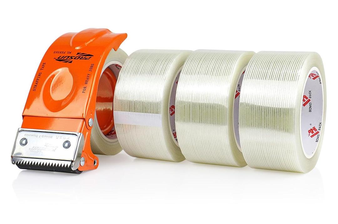 BOMEI PACK 4 Rolls Mono Filament Strapping Tape with Dispenser,2 Inch x 30 Yards,Heavy Duty Transparent Reinforced Fiberglass Tape,Filament Tape for Packing,Total 120 Yards