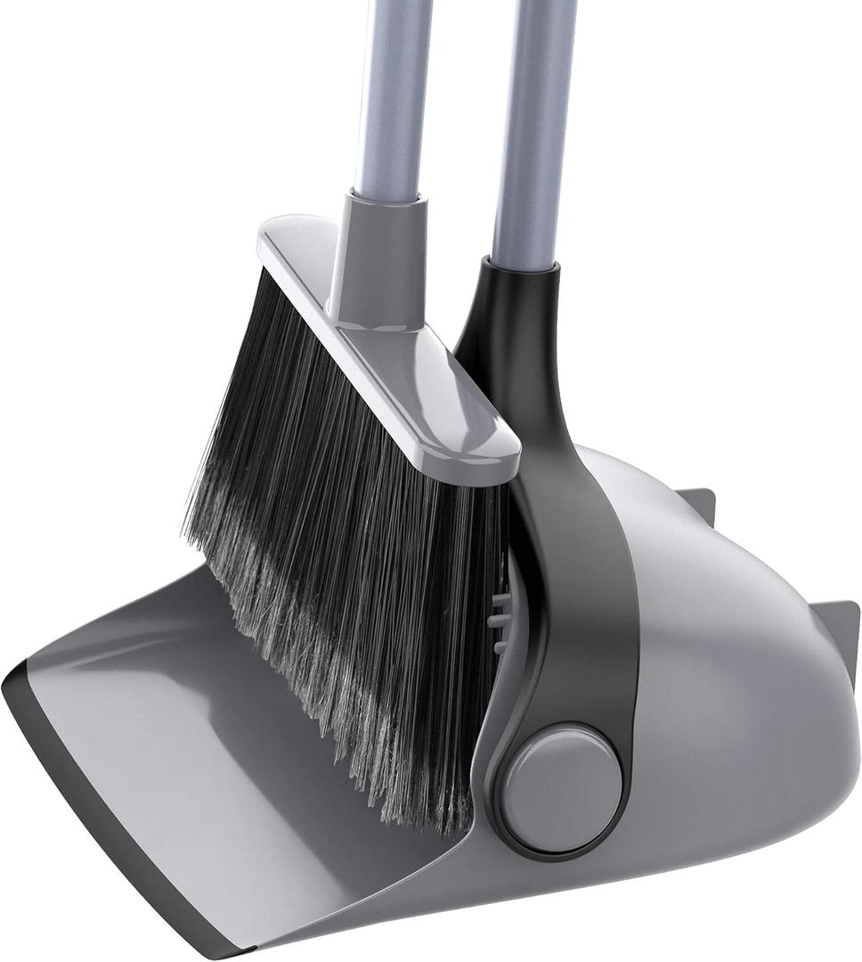 Broom and Dustpan Set with Adjustable Long Handle, Upright Combo for Floor, Cleaning Lobby, Gray
