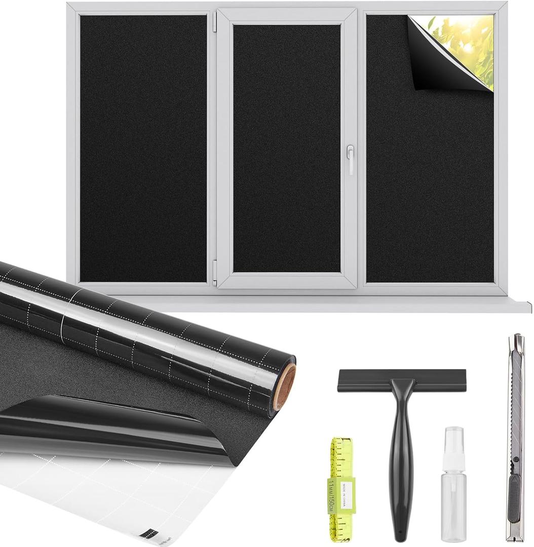 Kromapolis Blackout Window Privacy Film Total Light Blocking Room Darkening Window Covering, Removable Static Cling Frosted Glass Tint, Non-Adhesive, Black 35.4'' x 78.7'', 35.4In x 78.7In