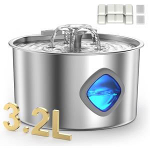Stainless Steel Cat Water Fountain with Silicone Mat & 2 Filters, 108oz/3.2L Automatic Pet Water Dispenser for Cats Dogs, Quiet Indoor Metal Drinking Bowl, Dog Fountains, Waterer