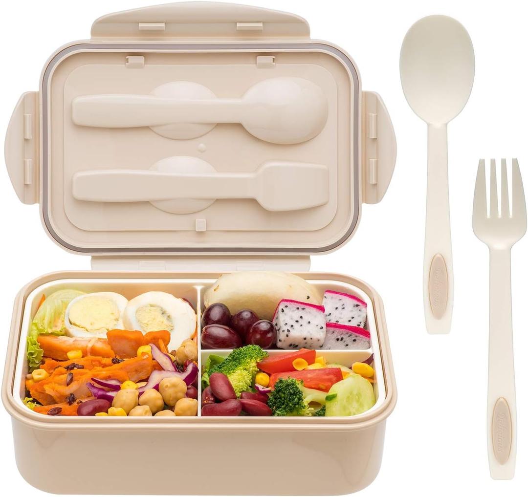 LOVINA Bento Box for Adults and Kids - 1400ML Portable, Lightweight, Easy to Carry Meal Holder with Spoon & Fork, Durable, Leak-Proof, BPA-Free and Food-Safe Materials (Khaki)