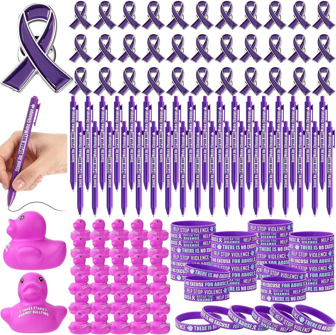 245 pcs Domestic Violence Awareness Accessories Gifts Bulk Purple Ribbon Pins, Bracelets, Pens, Ducks, for Cancer Awareness Month in October Against Violence Event Supplies