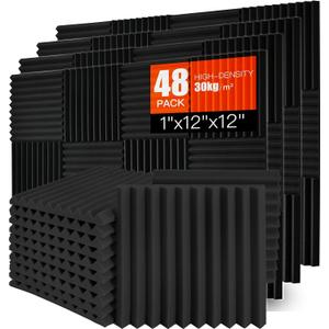Acoustic Foam Panels 48 Pack 1" x 12"x 12" Saiqiang Black Soundproofing Panels Wedges for Wall Noise Absorbing and Sound-Damping Fire-Resistant Sound Proof for Studio, Gaming Room