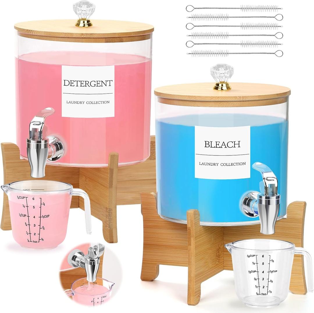 2Pcs Laundry Detergent Dispenser, Laundry Soap Dispenser with Stand, Faucets Acrylic Laundry Detergent Container for Laundry Room Liquid Detergent, Bleach, Fabric Softener Organization and Storage