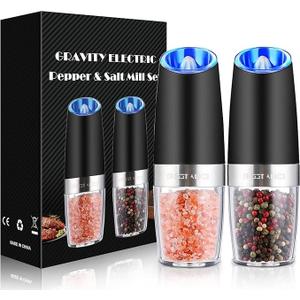 Gravity Electric Salt and Pepper Mill Set, Battery Powered Adjustable Coarseness Grinder, One Hand Operated, Kitchen Essentials (Set/Black)