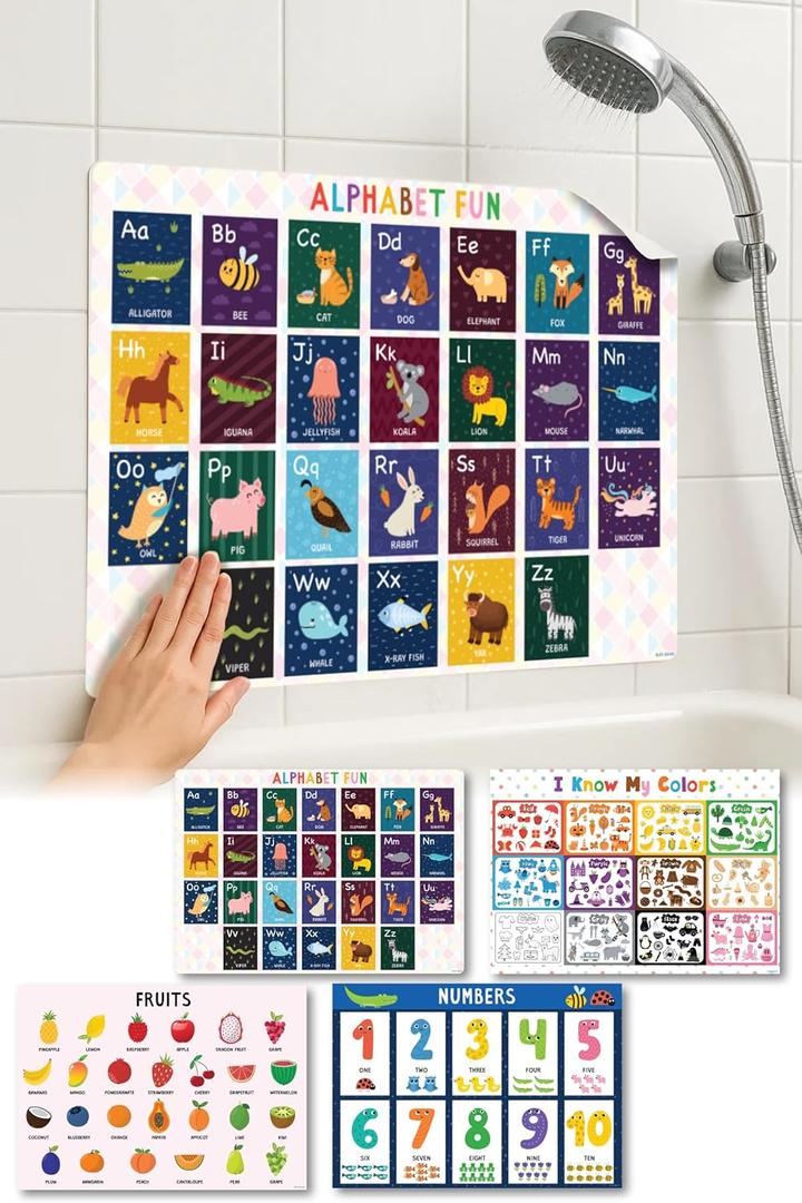 Bath Sensei Waterproof Learning Posters for Todders 1-3  Made in Japan  Montessori Educational Bath Poster Set of 4  ABC, Numbers, Colors & Fruits  Tearproof, Easy-Peel Bathtub Toy for Kids
