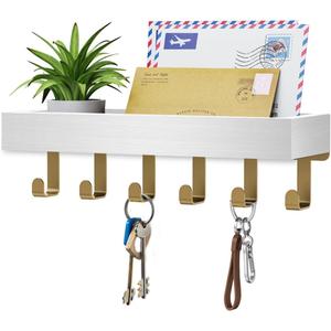 Key Holder Wall Mount Adhesive Magnetic - Hanging Key Hooks with Mail Organizer Tray for Wallet House - Keys Hanger Rack with Shelf for Camper Entryway Door Home Living Room Decor Gold White (Medium)