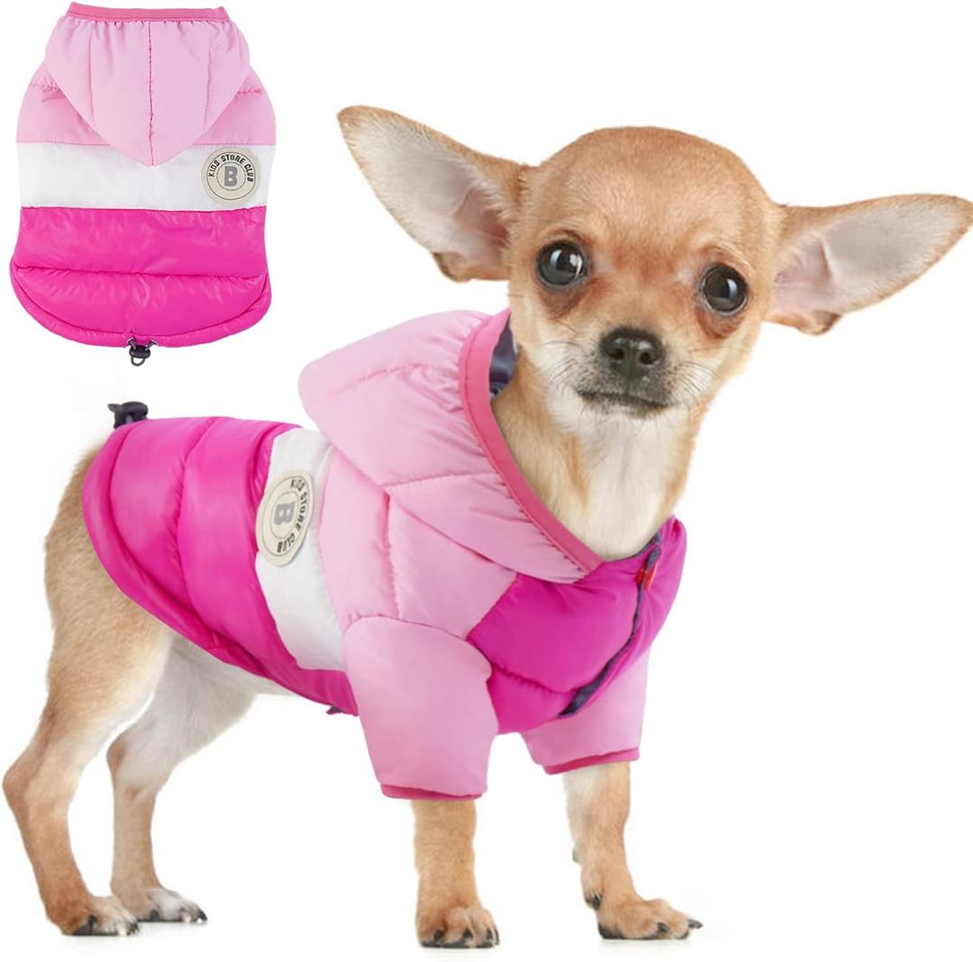 FUAMEY Puppy Puffer Jacket, Warm Padded Pet Snow Vest, Cute Windproof Dog Clothes, Waterproof Outdoor Lightweight Small Dog Hoodie, Chihuahua Poodles Yorkshire Pet Apparel Medium/16 (Pink)