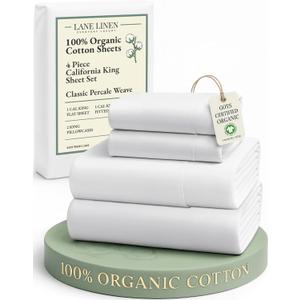 LANE LINEN 100% Organic Cotton California King Sheets Set, 4-Piece Pure Long Staple Percale Weave Ultra Soft Best Bedding Sheets for Bed, Fits Mattress Upto 15" Deep Cal King Sheets- White