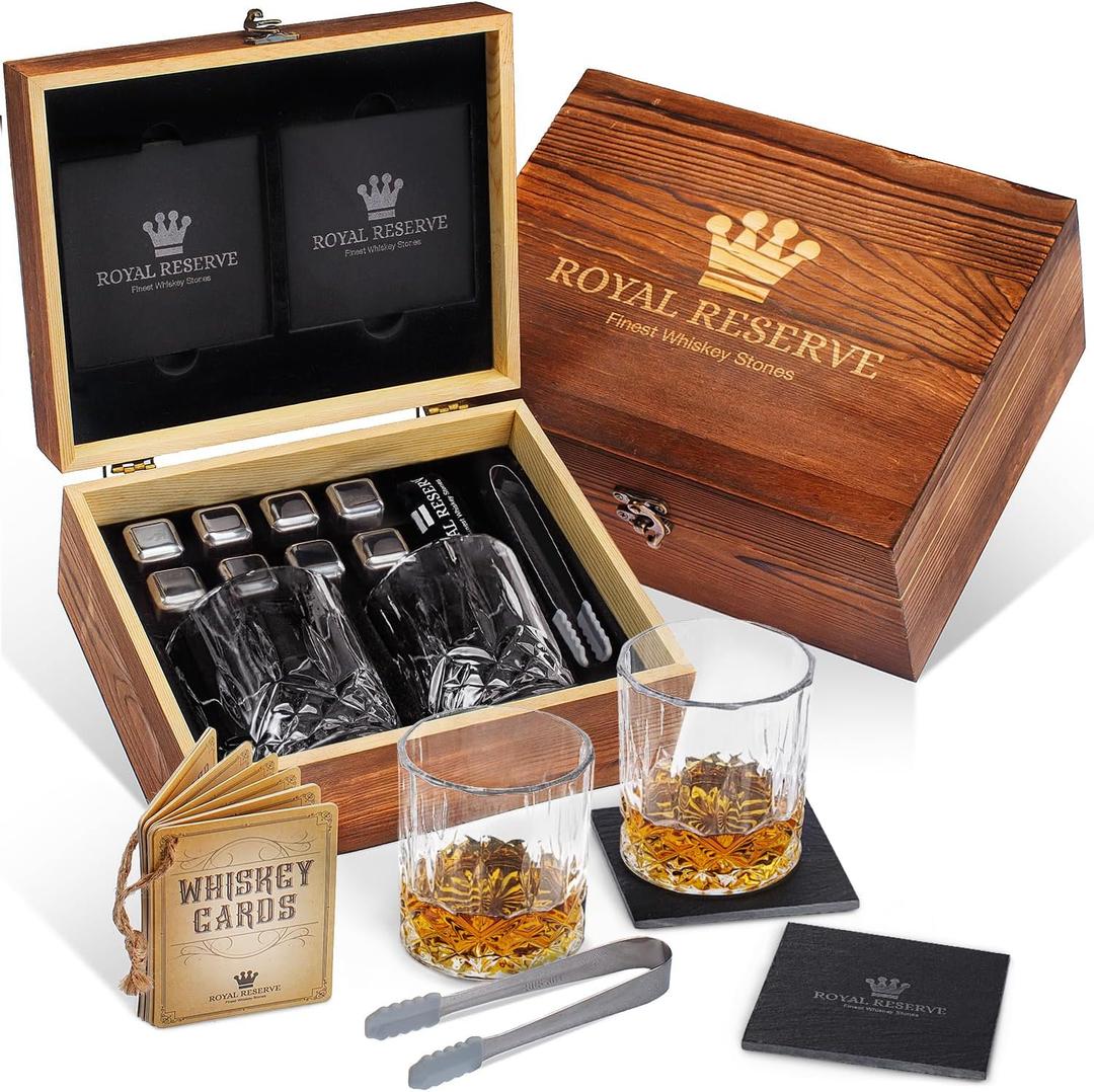 Whiskey Set by Royal Reserve  Whiskey Glasses, Stainless Chilling Stones, Coasters, Tongs - Whiskey Stones Gift Set for Men Husband Dad Boyfriend
