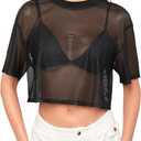 SHENHE Women's Sheer Mesh Top Crew Neck Short Sleeve Loose Fit Crop Tee Shirt Top (Black) S