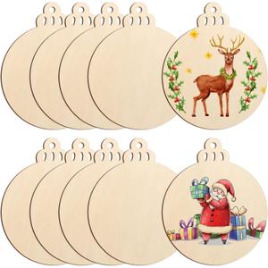 Large Size 7" Wooden Christmas Ornaments to Paint, DIY Blank Unfinished Round Wood Discs Ornament for Crafts Hanging Decorations(10PCS) (Beige Ball)