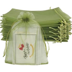 Jexila 100PCS Organza Bags 4''X6'' Olive Green Small Mesh Gift Bags with Drawstring for Jewelry, Party Favor, Candy, Fruit Protection Bags