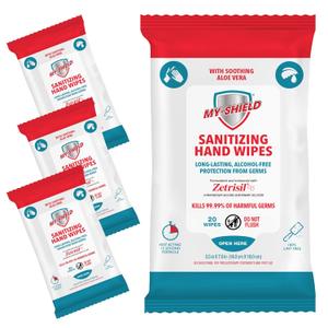 Sanitizing Hand Wipes - Travel Pack - 20 Count (4-pack) Alcohol-Free, Long-lasting Protection. Kills 99.9% of Germs. Moisturizes With Aloe Vera. Formulated with Zetrisil.