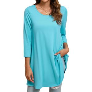ENMAIN Women's Tops 3/4 Sleeve Dressy Casual Plus Size Tunic Tops to Wear with Leggings Swing Flare T-Shirt Loose Fit Blouses (Blue, S)
