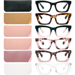 REAVEE 6 Pack Reading Glasses for Women Blue Light Blocking, Cute Square Computer Readers with Spring Hinge, +1.75
