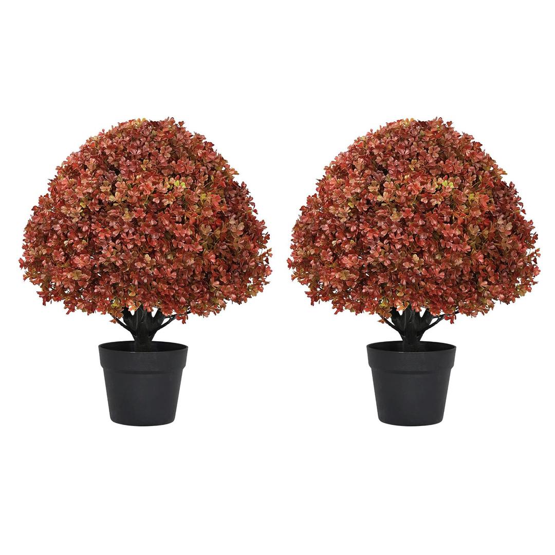 24" Artificial Boxwood Fall Topiary Trees, Faux Plants Outdoor Set of 2