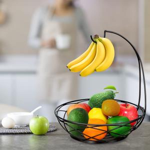 Fruit Bowl with Banana Hanger  Fruit Basket for Kitchen Counter with Holder  Black Chrome
