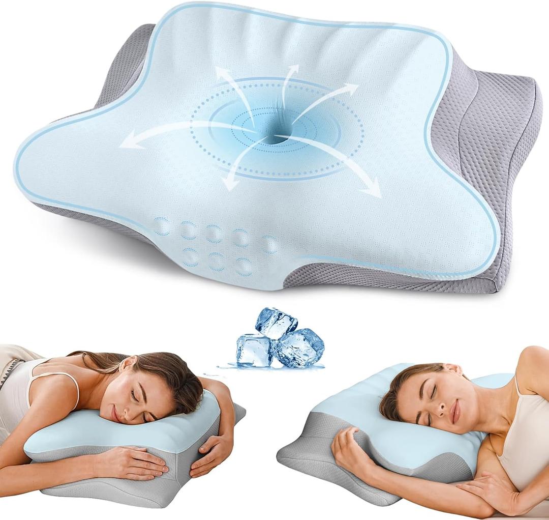 Cervical Neck Pillow for Pain Relief - Ergonomic Memory Foam Pillows for Sleeping, Cooling Side Sleeper Pillow for Neck Support, Contour Orthopedic Bed Pillow for Sleepers (Blue & Grey)