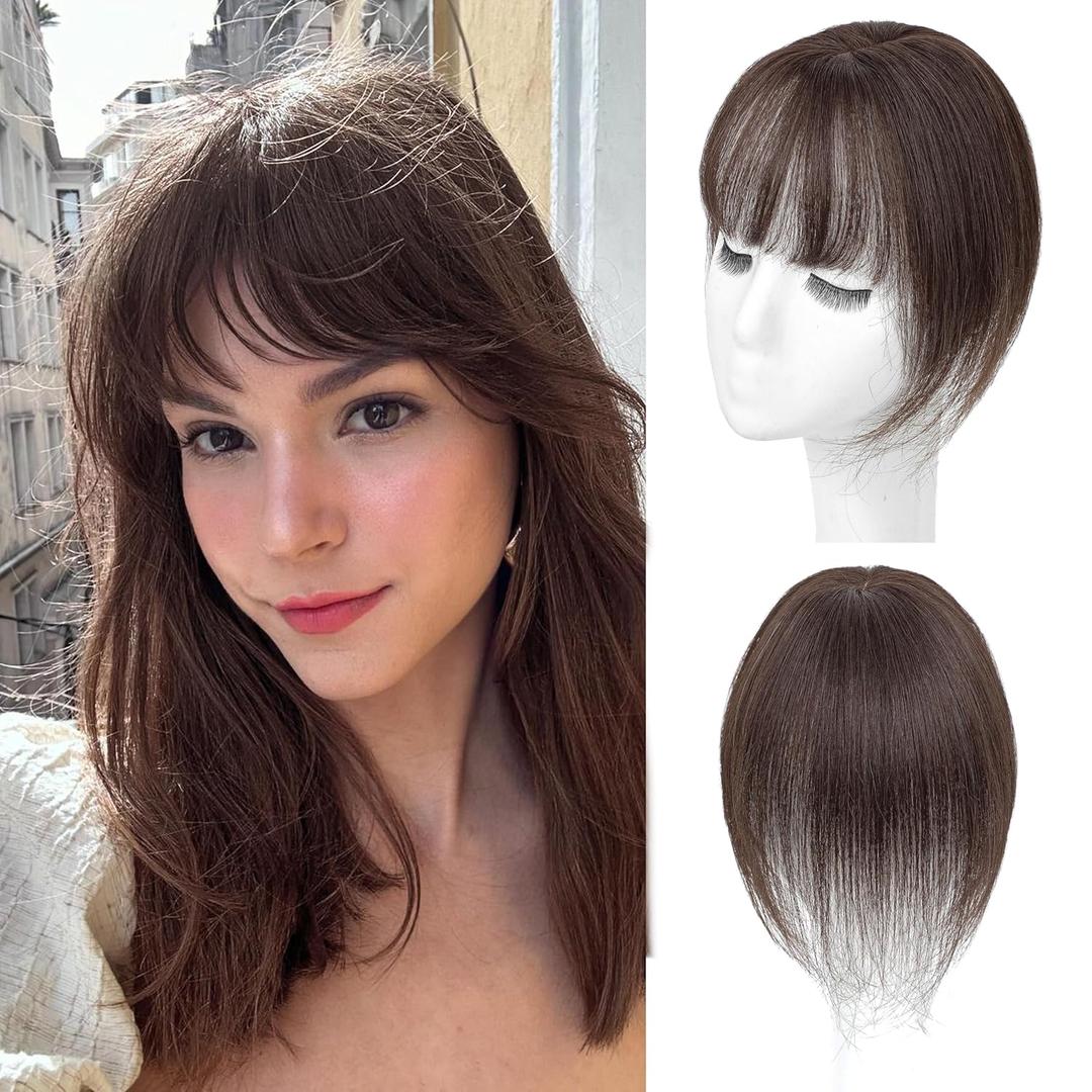 Hair Toppers for Women Real Human Hair-3603D Topper with Bangs for Thinning Hair Clip in Bangs with Upgraded Silk Base Perfect for Daily Wear,510 Dark Brown-2#