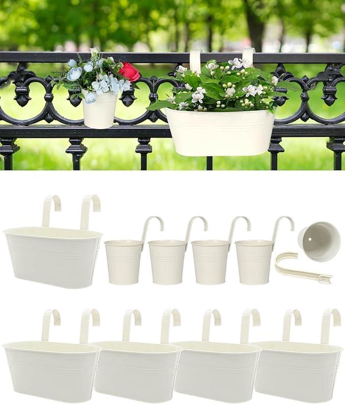 5 Pcs 10.8” Metal Railing Planter for Outdoor Plants – 5 Pcs 3.9” Balcony Hanging Flower Pots with Detachable Hooks, Drainage, Oval Bucket Rail Box Fence Planters for Home Garden Décor, Cream White