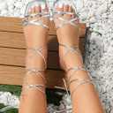 OYOANGLE Women's Lace Up Strappy Flat Sandals Metallic Summer Square Open Toe Sandal Tie Up Shoes (Silver) 9.5