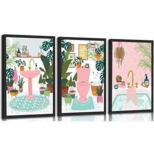 2 x 3Pcs Pink Bathtub Plant Canvas Wall Art Maximalist Botanical Bathroom Posters Prints Paintins Pink toilet bathtub sink Wall Decor Pictures for Washroom Artwork Home Decoration Unframed