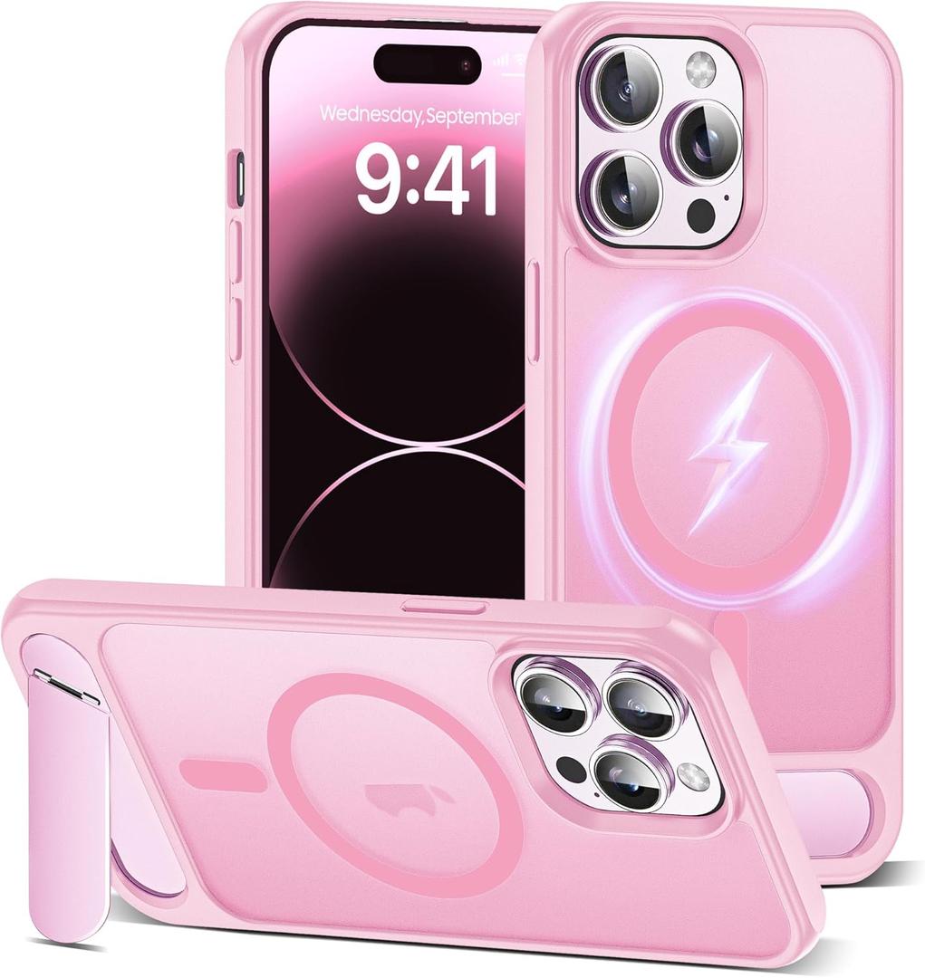 Compatible with iPhone 14 Plus Case [Compatible with Mag-Safe][Adjustable Kickstand][Military Grade Drop Protection] Translucent Phone Case for iPhone 14 Plus,Pink