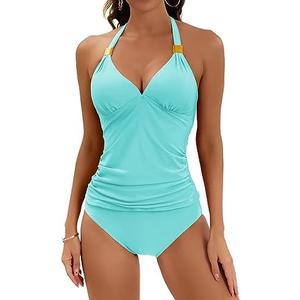 B2prity Halter Tankini Swimsuit for Women Tummy Control Two Piece Bathing Suit V Neck Swimwear with Shorts, Large 
