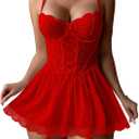 Lilosy Sexy Garter Belt Mesh Lace Babydoll Lingerie Dress Set with Thong (XX-Large, Red)