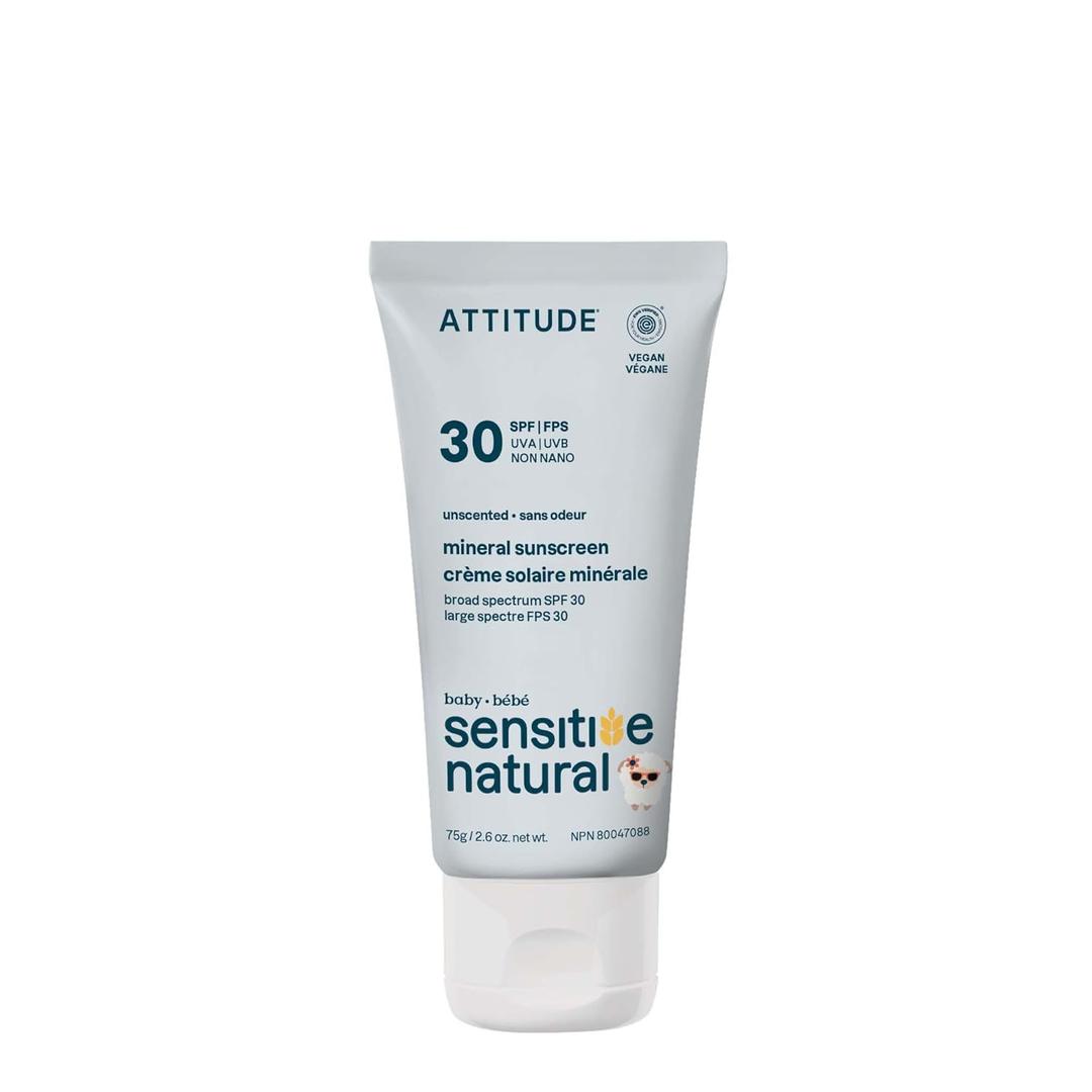 ATTITUDE Mineral Sunscreen for Baby and Kids with Sensitive Skin, EWG Verified, Broad Spectrum UVA/UVB, Dermatologically Tested, Plant and Mineral-Based Formula, Vegan, SPF 30, Unscented, 2.6 Oz