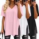 Huukeay 3 Pack Oversized Shirts for Women V Neck Workout T Shirt Casual Side Split Tee Short Sleeve Loose Tops Tunic Tops (X-Large, Black, White, Pink)