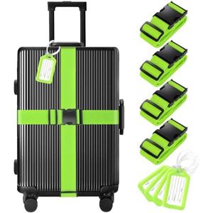 4 Pack Luggage Straps and Tags Set - 4 Straps, 4 Tags, TSA Approved Suitcase Belt, Green