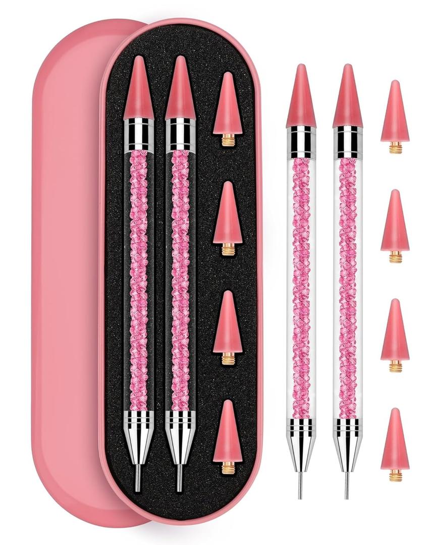Rolybag Rhinestone Picker Tool, 2PCS Rhinestone Applicator Tool Dotting Wax Pen Dual-Ended with 4PCS Replaceable Wax Tips for DIY Nail Art Tool (Pink)